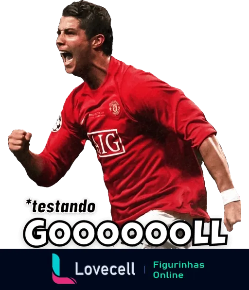 Jogador do Manchester United comemorando gol intensamente com uniforme vermelho e logo da AIG, texto humorístico 'Testando GOOOOOL'