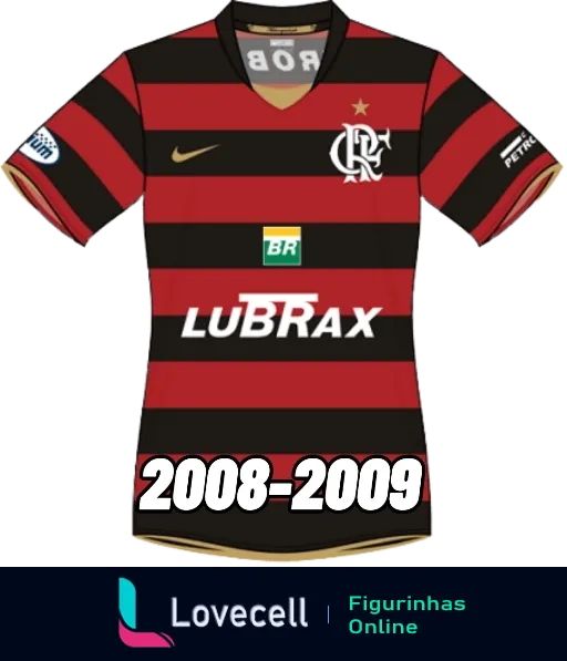 Figurinha da camisa do Flamengo 2008-2009, com listras horizontais vermelhas e pretas, patrocínios da Petrobras e Lubrax, logo da Nike e estrela sobre o escudo.