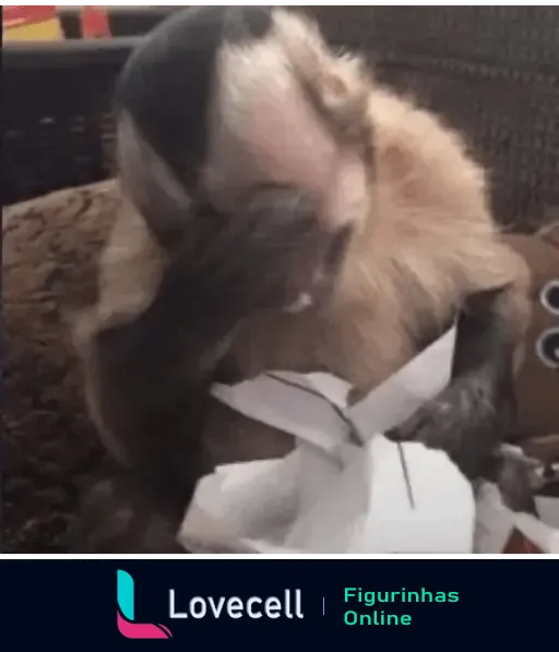 Gif de um macaco segurando papel e cobrindo o rosto com a mão, expressando frustração ou vergonha. Sou eu na vida.