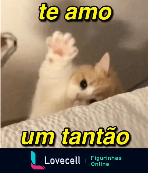 Gato fofo levantando a pata com o texto 'te amo um tantão' em amarelo. Ideal para expressar carinho e amor em mensagens.