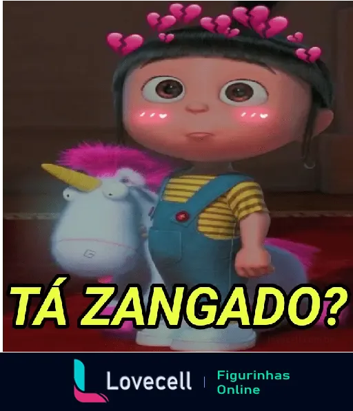 Personagem animada pergunta "Tá zangado?" com expressão fofa, usando coroa de corações e segurando um unicórnio de pelúcia, ideal para conversas de namoro.