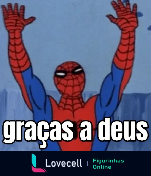 Figura do Homem-Aranha levantando os braços com a legenda 'graças a deus', expressão de alívio. Meme popular da série animada.