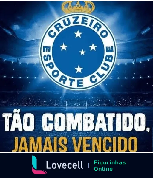 Logotipo do Cruzeiro Esporte Clube com frase 'TÃO COMBATIDO, JAMAIS VENCIDO' sobre fundo de estádio iluminado