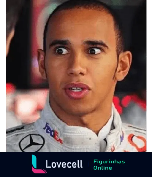 Lewis Hamilton com expressão surpresa e olhos arregalados, vestido com uniforme de corrida durante entrevista