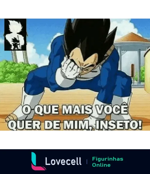 Personagem de Dragon Ball Z em posição de desespero, com a mão na face, dizendo 'O que mais você quer de mim, inseto!'.