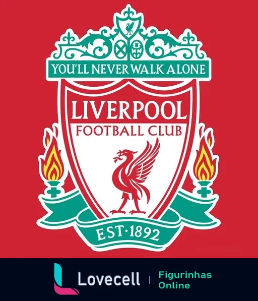 Figurinha do escudo do Liverpool Football Club com Liver Bird, lema 'You'll Never Walk Alone', chamas e detalhes decorativos, fundado em 1892