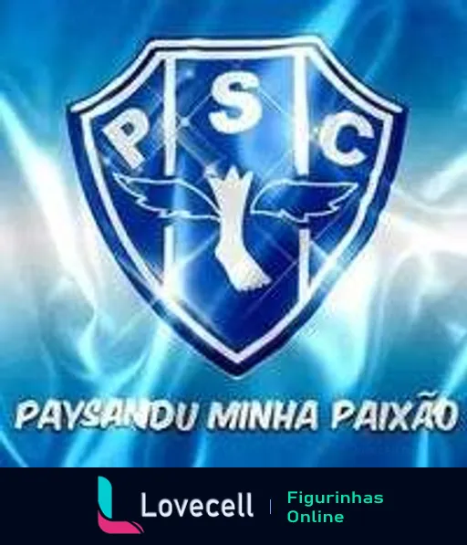 Escudo do Paysandu Sport Club com as iniciais PSC e figura de um pássaro, em fundo azul vibrante com efeitos de luz