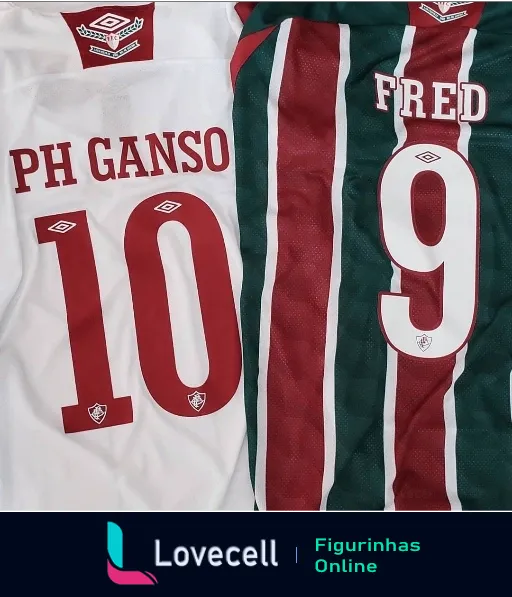 Camisas do Fluminense, uma branca com nome PH Ganso e número 10, e outra listrada verde, branco e grená com nome Fred e número 9