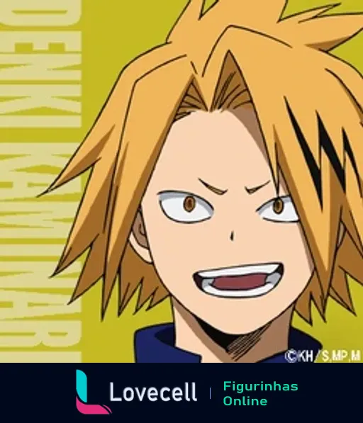 Denki Kaminari, personagem de My Hero Academia, com expressão animada e fundo amarelo. Parte da turma 1A.