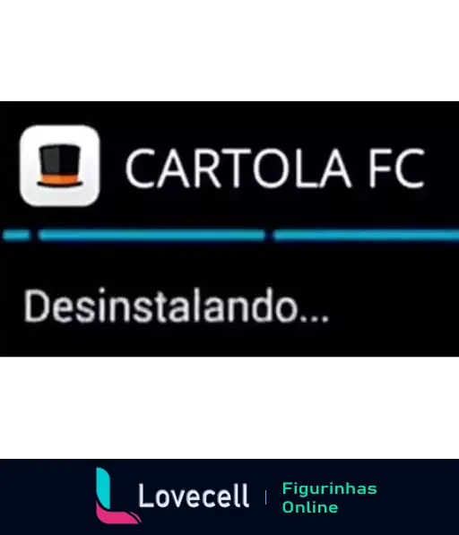 Interface de smartphone mostrando ícone do Cartola FC com barra de progresso e texto 'Desinstalando...' indicativo de desinstalação do aplicativo