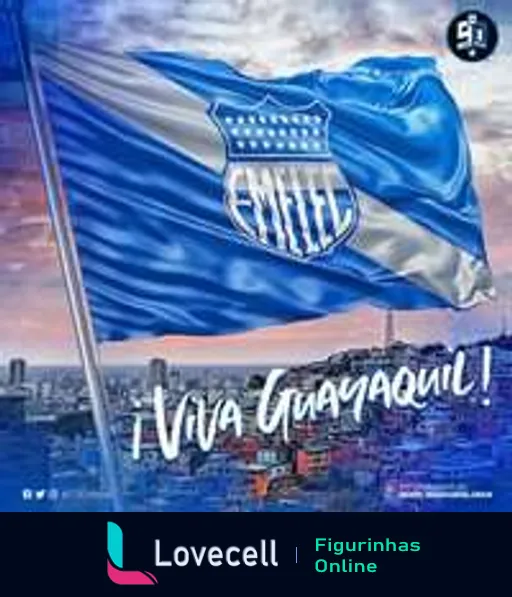 Figurinha do WhatsApp mostrando bandeira do Club Sport Emelec azul e branca com texto 'Viva Guayaquil!' sobre cena da cidade ao anoitecer