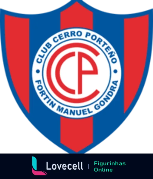 Figurinha do escudo do Cerro Porteño, mostrando um escudo heráldico azul e vermelho com as letras 'CP' e 'Fortin Manuel Gondra' inscrito na parte superior