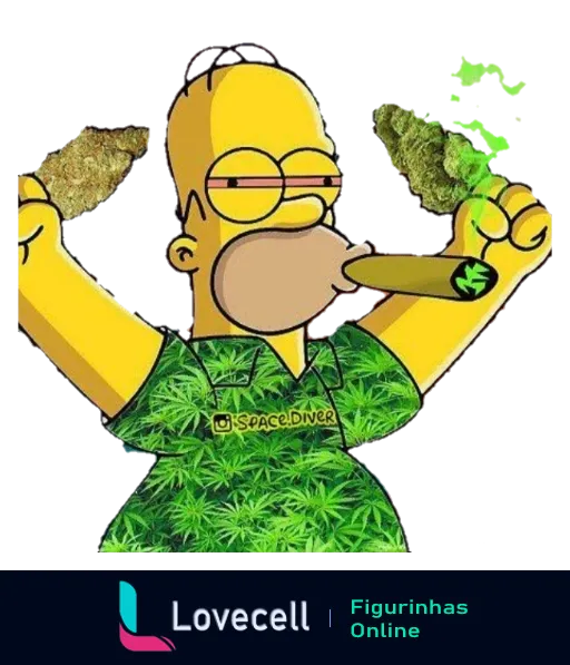 Figurinha do Homer Simpson com baseado e rodeado por folhas de cannabis