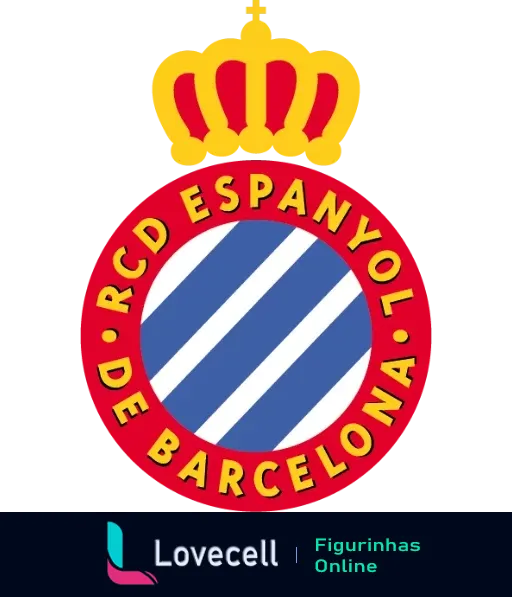 Logo do RCD Espanyol de Barcelona. O escudo apresenta uma coroa dourada e vermelha no topo e um círculo vermelho com o nome do clube em amarelo, delimitando um fundo listrado azul e branco.