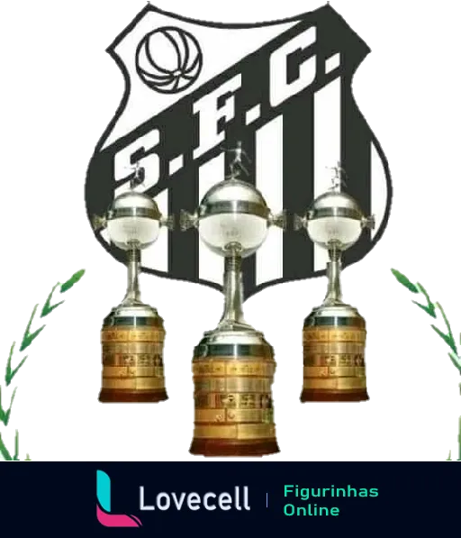 Emblema do Santos Futebol Clube com três troféus da Copa Libertadores, simbolizando as vitórias de 1962, 1963 e 2011