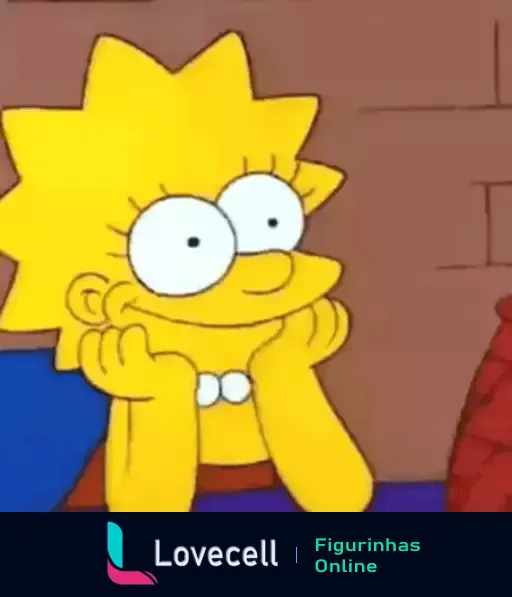 Lisa Simpson com expressão apaixonada, mãos no queixo, bochechas coradas, olhos brilhando cheia de amor.