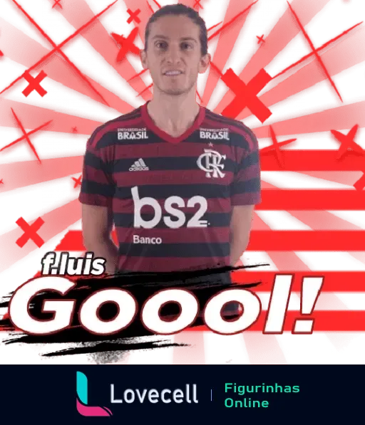 Figurinha de F. Luis celebrando gol, vestido com a camisa do Flamengo, em fundo vermelho com listras e a palavra 'Gooooal!' em fonte grande e vibrante