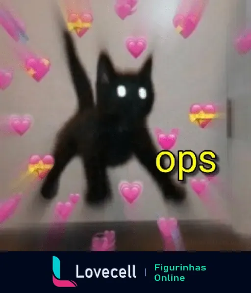 Fotomontagem engraçada de gatinho preto com olhos brilhantes cercado de corações rosa e a palavra 'ops'.