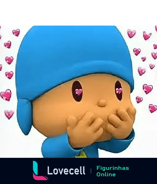 Imagem do personagem Pocoyo com um chapéu azul, olhos em formato de coração e cercado de corações rosa, expressando amor e carinho.