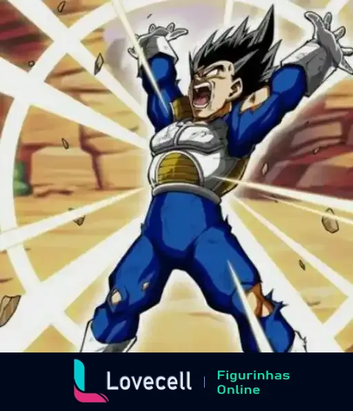 Super Vegeta gritando enquanto emite uma explosão de energia brilhante, cenário rochoso ao fundo. Intenso e poderoso.