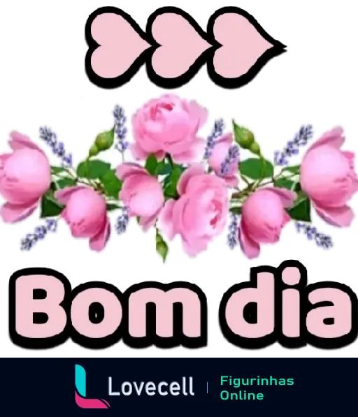 Figurinha com saudação 'Bom Dia' em letras brancas e arranjo floral de rosas cor-de-rosa e flores lilases com fundo transparente e corações