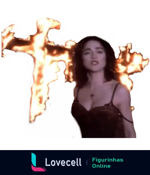 Figurinha da Madonna com uma cruz em chamas ao fundo, destacando seu icônico visual em um cenário escuro.