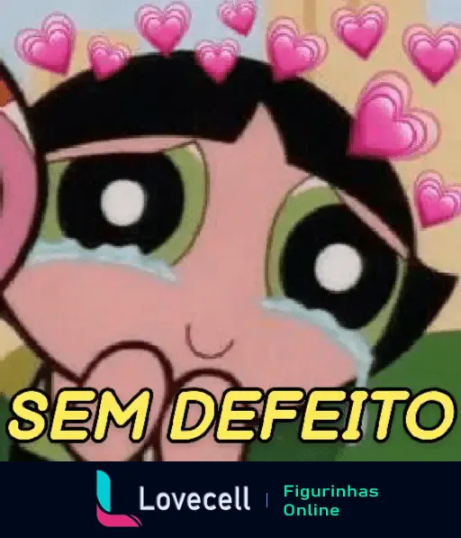 Figurinha de amor com personagem emocionado e escrito sem defeito