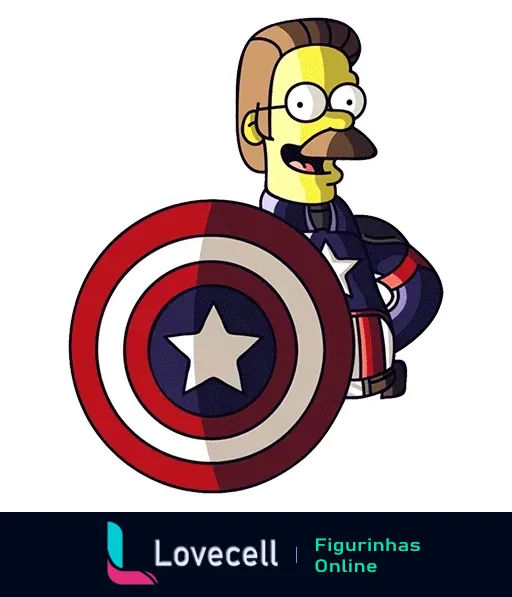 Figurinha do Ned Flanders dos Simpsons vestido de Capitão América, segurando um escudo com as cores e o símbolo da Marvel, uniforme azul e olhar determinado