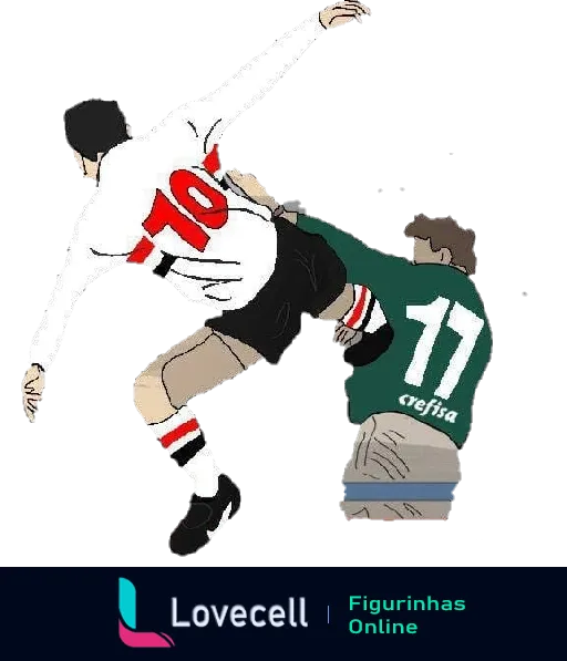 Jogador do São Paulo com camisa número 10 realizando drible impressionante sobre jogador do Palmeiras com camisa 11 durante jogo de futebol