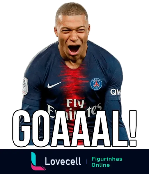 Mbappé celebrando gol com entusiasmo, vestindo uniforme do PSG, com texto 'GOAAAL!' expressando alegria