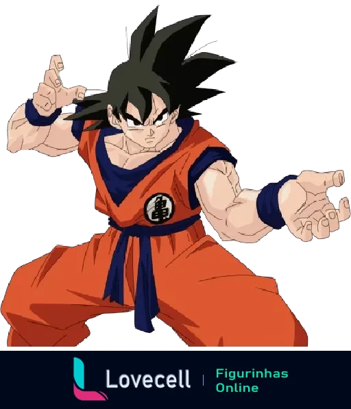 GOKU em sua pose de luta, usando seu clássico uniforme laranja e azul, pronto para enfrentar seu adversário.