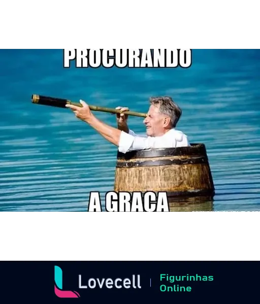 Homem usando binóculo dentro de um barril na água com a frase PROCURANDO A GRAÇA superposta