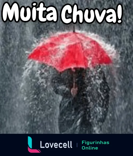 Pessoa com um guarda-chuva vermelho enfrentando uma chuva intensa, ilustração de um clima chuvoso. Texto: 'Muita Chuva!'.