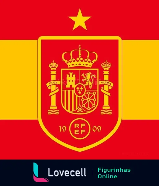 Sticker do escudo da Real Federação Espanhola de Futebol com fundo amarelo e vermelho, coroa, estrela, inscrições 'PLUS ULTRA', datas '1909' e 'RF'