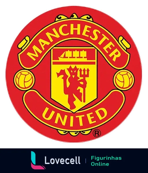 Brasão do Manchester United em vermelho e amarelo com um navio e um diabo vermelho, representando o clube de futebol inglês