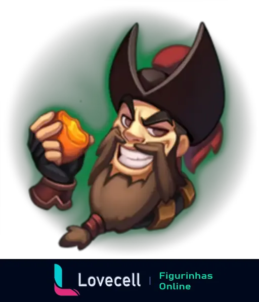 Um emoticon de League of Legends mostrando um pirata sorridente, segurando uma pedra laranja brilhante, com um fundo verde brilhante.