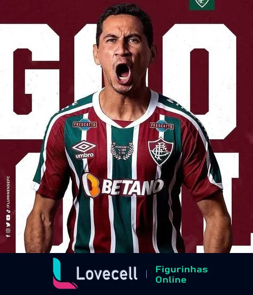 Jogador do Fluminense comemorando com uniforme da Umbro e patrocínio da Betano, expressão de alegria, fundo vinho e nome Fluminense destacado