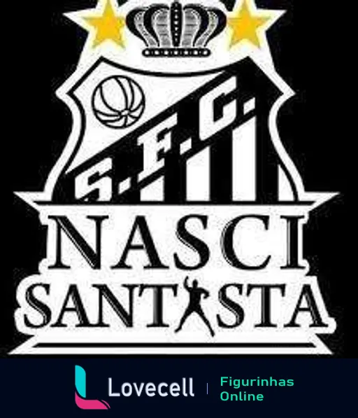 Escudo do Santos Futebol Clube com frase 'Nasci Santista', coroa, duas estrelas e bola de futebol