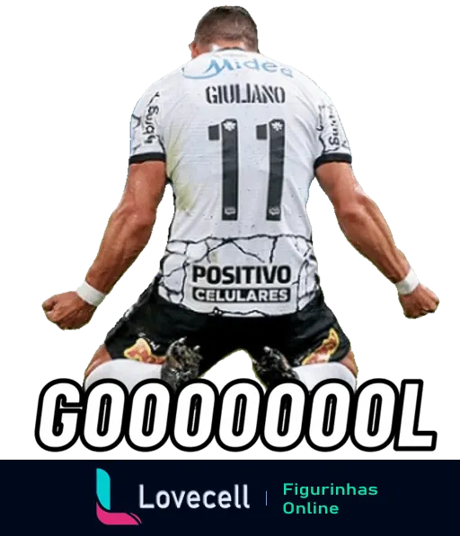 Figurinha mostrando Giuliano, jogador do Corinthians de costas, com uniforme branco número 11, celebrando um gol com a palavra 'GOOOOOOOL' destacada, patrocínios da Midea e Positivo Celulares