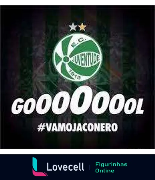 Figurinha com logo do Esporte Clube Juventude e a palavra 'GOOOOOOOL' em destaque sobre fundo de grama, com hashtag '#VAMOJACONERO'