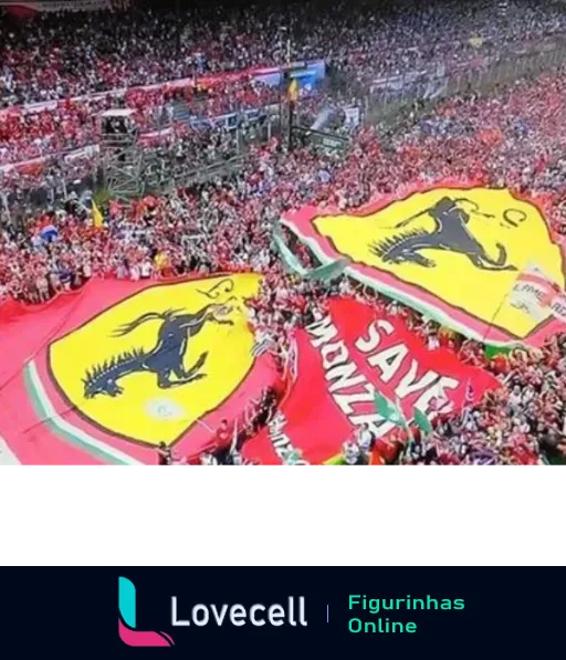 Torcida vibrante da Ferrari no estádio com bandeirões e logos do cavalo rampante sobre fundo amarelo, cercada pela paixão vermelha dos fãs