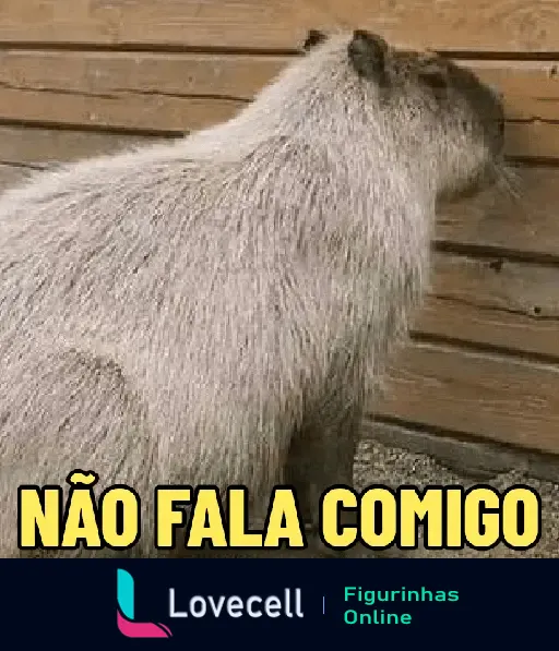 Capivara de perfil se afastando, com a frase 'NÃO FALA COMIGO'. Capivara está de costas para uma parede de madeira, mensagem representa desinteresse.