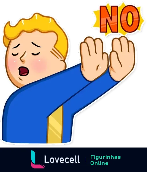 Ilustração do Fallout Vault Boy em um gesto de recusando, com as mãos levantadas e a palavra 'NO' destacada, ideal para expressar negação.