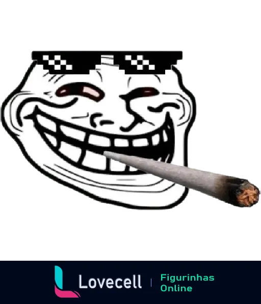 Figurinha Troll Face com óculos pixelados e cigarro, representando um meme clássico com um toque de humor irreverente.