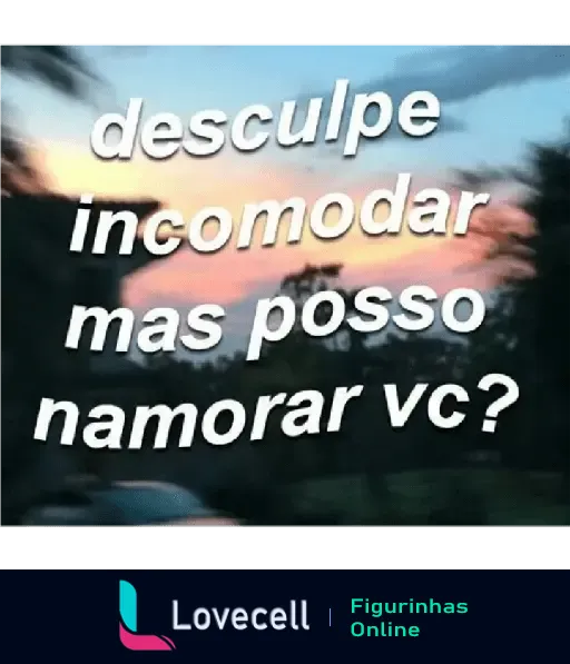 Figurinha de WhatsApp com fundo desfocado ao entardecer e texto branco em destaque dizendo 'desculpe incomodar mas posso namorar vc?'