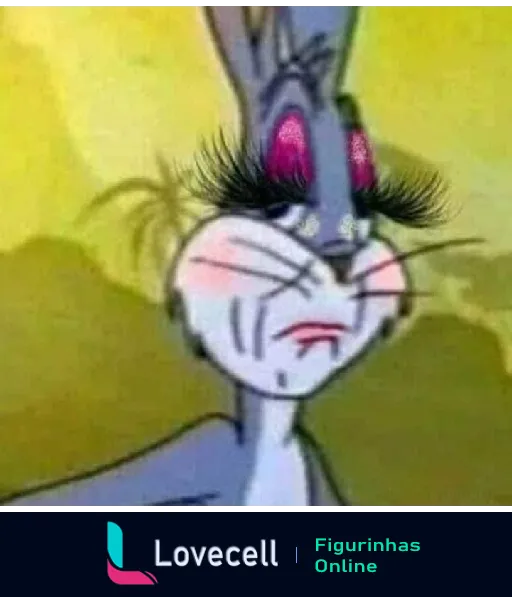 Figurinha do Pernalonga irritado com olhos vermelhos e arregalados, expressão cansada e grandes cílios, personagem da Looney Tunes