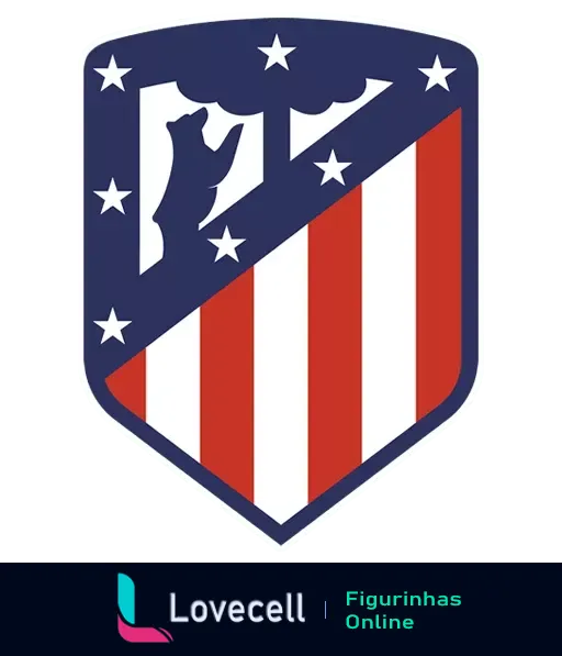 Escudo do Atlético de Madrid com listras vermelhas e brancas, urso e árvore em fundo azul representando a força e a raiz madrilenha do clube