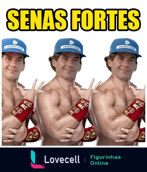 Homem sorridente triplicado com capacete DIAONIA e luvas de boxe escrito ME GOLPEIE, fazendo gesto de lutador, fundo verde com texto amarelo SENAS FORTES