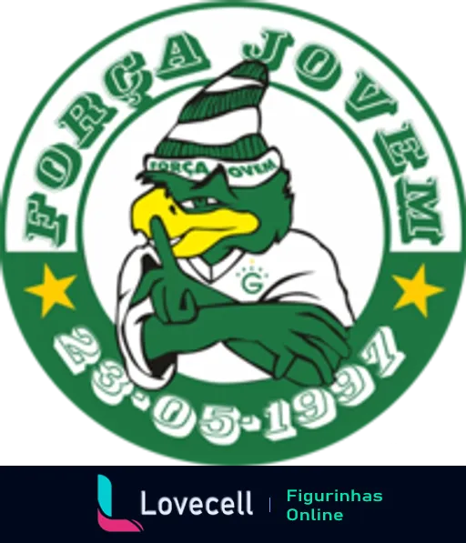 Logo da Força Jovem Goiás com mascote de águia usando boné, camisa branca, dentro de um círculo verde com estrelas amarelas, datado de 23.05.1991