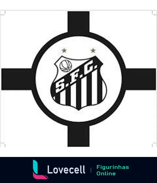 Figurinha do escudo do Santos Futebol Clube com listras verticais pretas e brancas e a sigla 'S.F.C.' no centro, circundado por um círculo e uma cruz